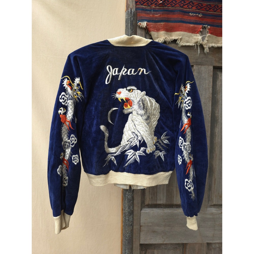 Vintage 1940s Blue Sukajan Souvenir Jacket L Embroidered Tiger Dragon
